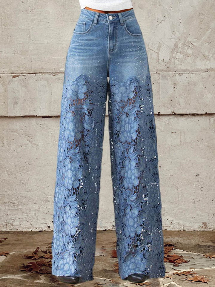 Damenjeans mit Spitze und Patchwork, mittelhoher Bund, Knopfverschluss