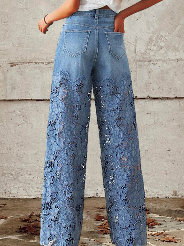 Damenjeans mit Spitze und Patchwork, mittelhoher Bund, Knopfverschluss