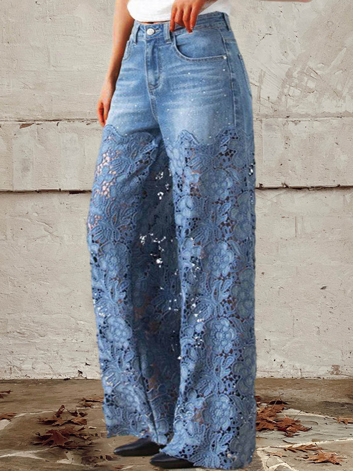 Damenjeans mit Spitze und Patchwork, mittelhoher Bund, Knopfverschluss