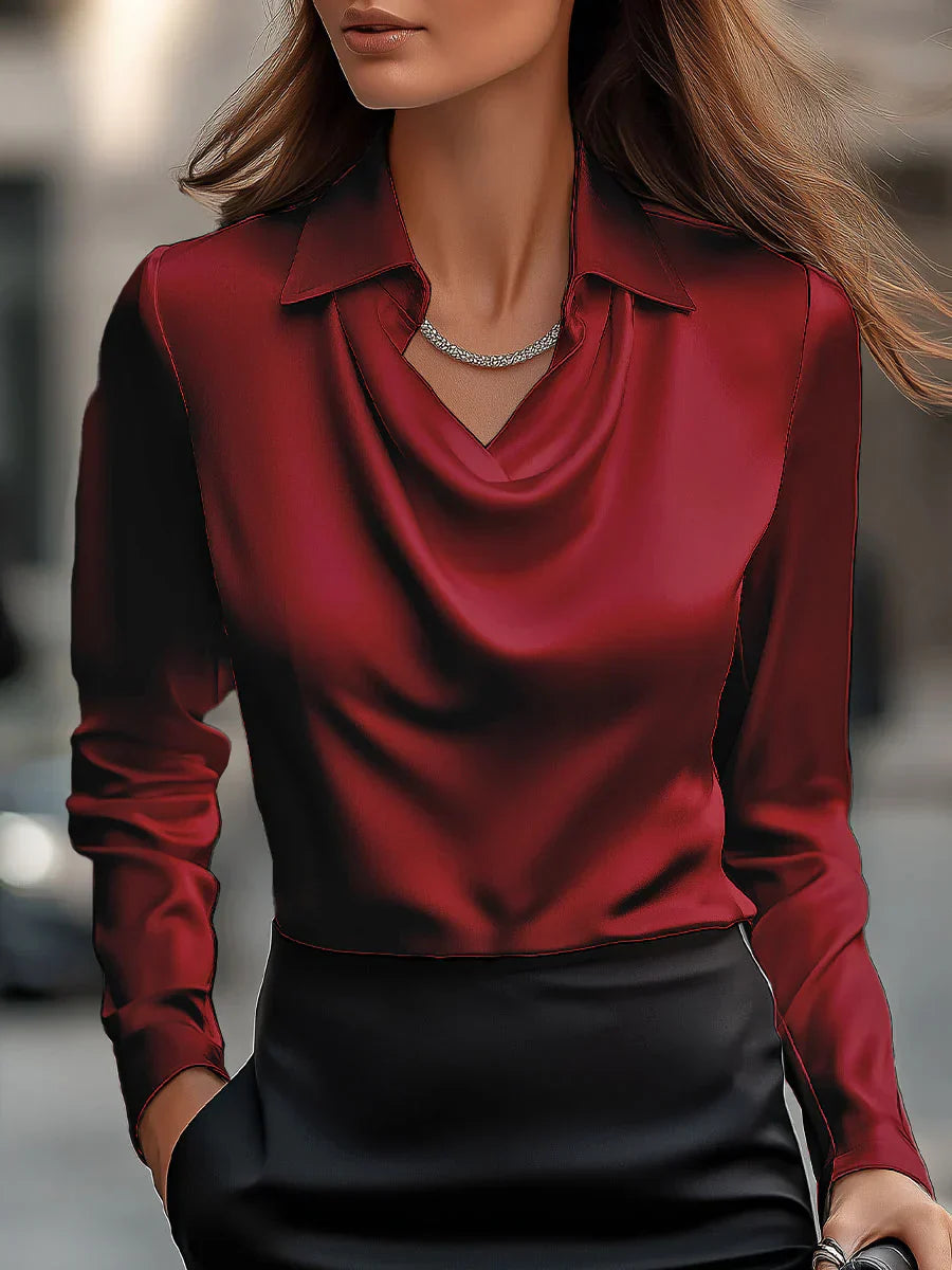 Vanaya | Elegant White Satin Blouse With Draped Neckline