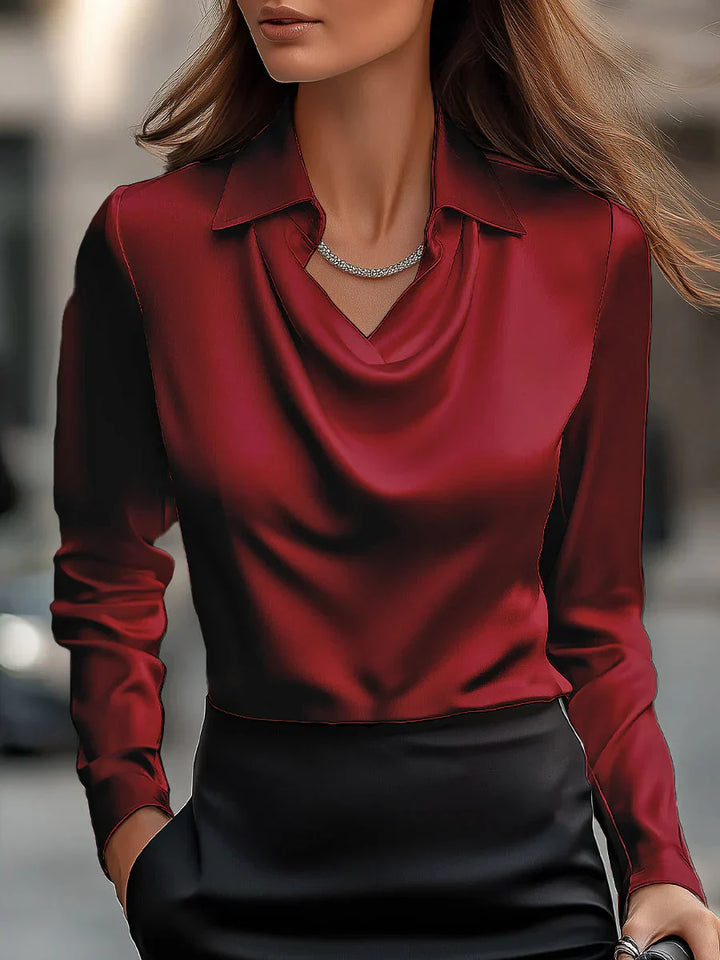 Vanaya | Elegant White Satin Blouse With Draped Neckline