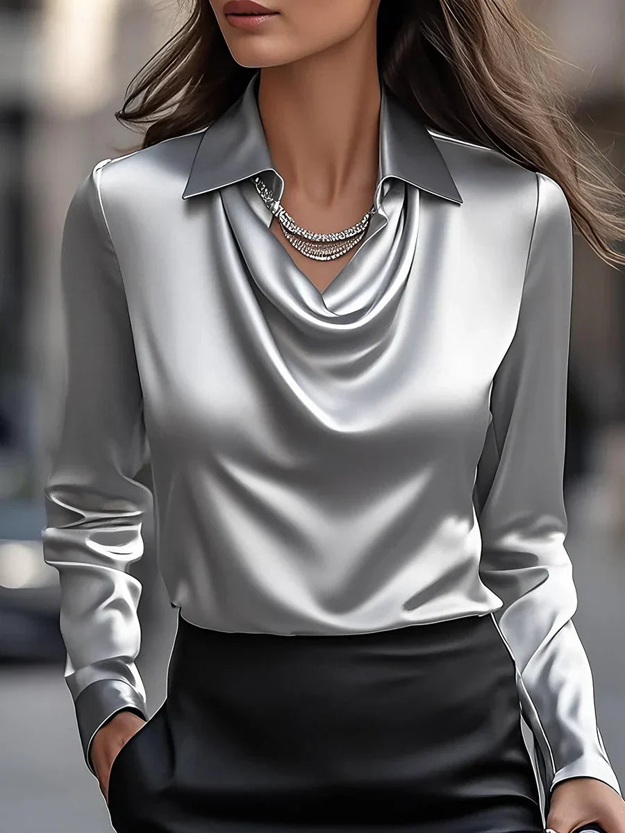 Vanaya | Elegant White Satin Blouse With Draped Neckline